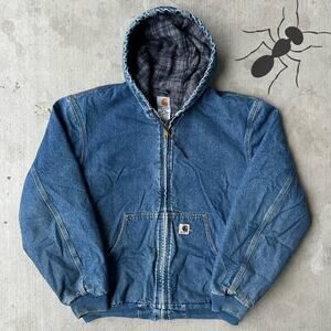 Vintage Y2K J139 DST denim blue hooded Carhartt work wear jacket